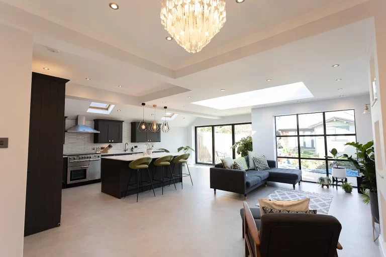 Open Plan Black and White Kitchen and Living Room